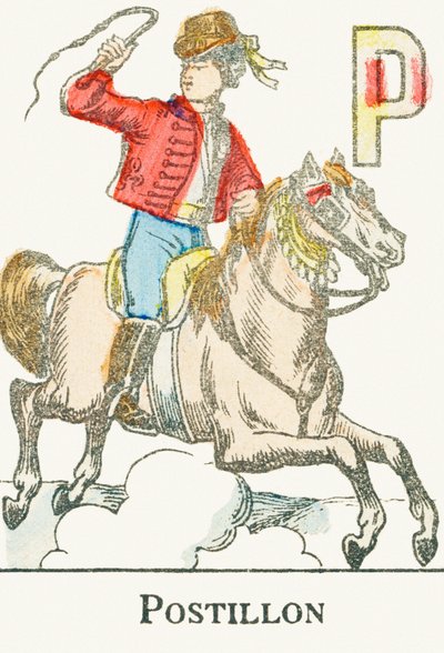 P : Postillon, un jeune cavalier en costume de cosaque - Gravure extraite de « Alphabet des jeux », vers 1890 - Unbekannt