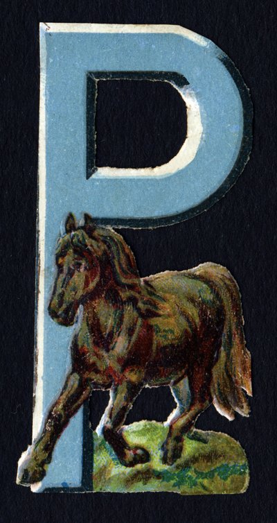 P comme Poney. Découpis de coléoptères sur le thème des animaux. Gravure. Série de 26 chromolithographies gaufrées d