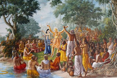Peinture au Bhaktivedanta Manor représentant Lord Caitanya, Lord Nityananda et leurs disciples sur les rives du Gange - Unbekannt