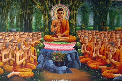 Peinture représentant Bouddha enseignant aux moines Udong Cambodge - Unbekannt