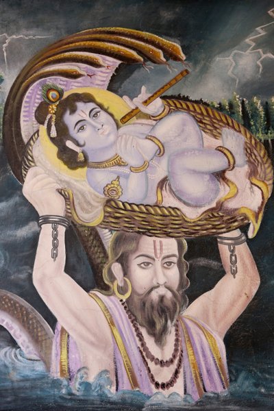 Peinture à Gokul : Krishna bébé porté sur la rivière Yamuna par Vasudeva. Inde - Unbekannt