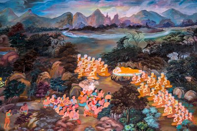 Peintures de scènes de village avec Bouddha en Thaïlande, Wat Bang Riang, Thub Pat, Phang Nga, Thaïlande, Asie - Unbekannter Künstler