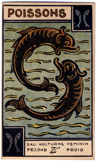 Paranormal. Astrologie. Poissons (le Poisson). Carte astrologique de : Le Tarot Astrologique, par Georges Muchery, France - Unbekannter Künstler