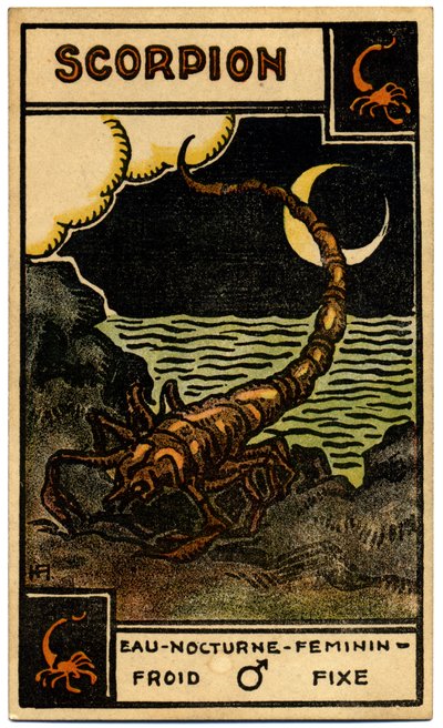 Paranormal. Astrologie. Scorpion (le Scorpion). Carte astrologique de : Le Tarot Astrologique, par Georges Muchery, France - Unbekannter Künstler