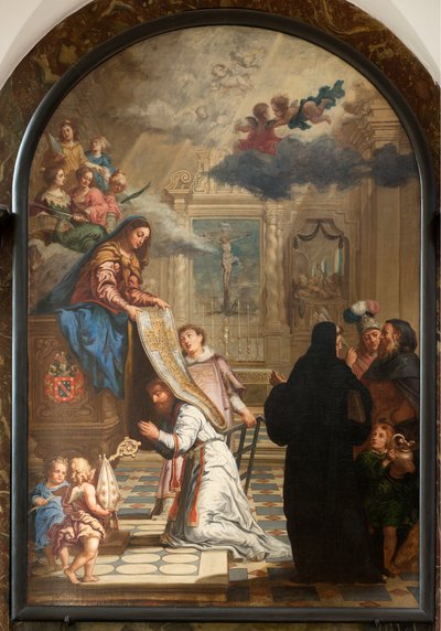 Église paroissiale (Parochiekerk Onze-Lieve-Vrouw). Intérieur. Notre-Dame donnant une chasuble à Saint-Ildefonsus. - Unbekannter Künstler