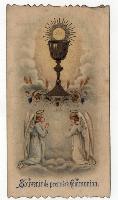 Image pieuse : deux anges prient devant un calice d