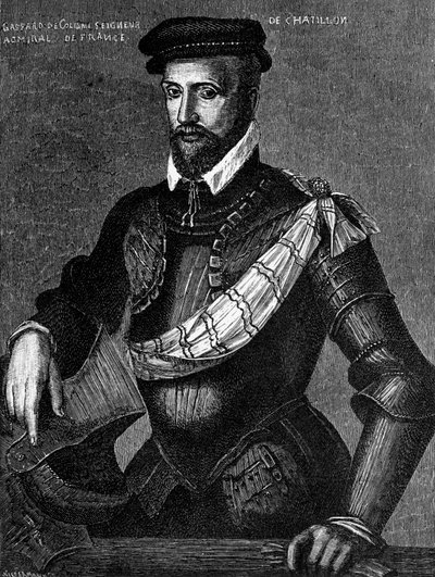 Portrait de Gaspard de Coligny, Seigneur de Chatillon (1519-1572), noble français, amiral et chef huguenot dans les guerres de religion françaises, gravure - William M. Timlin