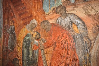 Russie, Ouglitch, Église orthodoxe russe de Saint-Dimitri-sur-le-Sang (1630), fresque représentant la mort de Dimitri (fils d