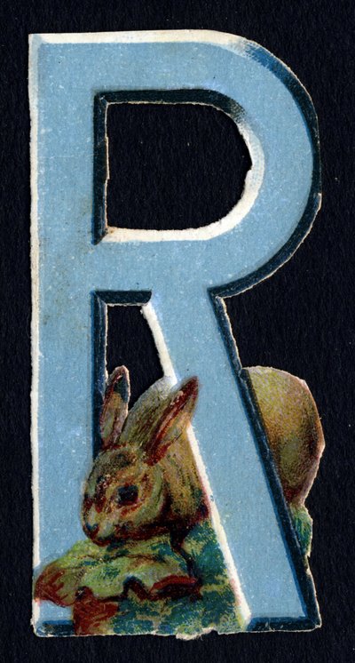 R comme Lapin. Découpis de coléoptères sur le thème des animaux. Gravure. Série de 26 chromolithographies gaufrées d
