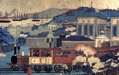 Chemin de fer dans un port japonais, fin du 19e siècle (gravure) - Unbekannter Künstler