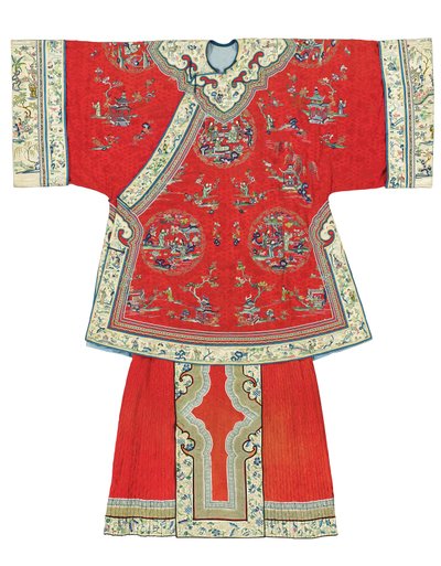 Robe informelle et jupe tablier pour dame à fond rouge, 19ème-20ème siècle - Unbekannt