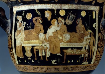 Cratère à calice à figures rouges et blanches : détail représentant une scène de banquet (détail) - Unbekannt
