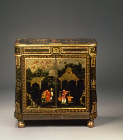 Cabinet noir Regency tole peinte, montrant des portes avant peintes avec des figures de marchands dans un paysage, rare, vers 1815 - Unbekannt