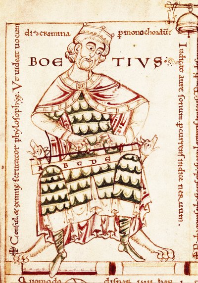 Représentation du philosophe latin Boèce (Anicius Manlius Severinus Boethius) (480-524) tenant un instrument de musique (étude musicale). Miniature d