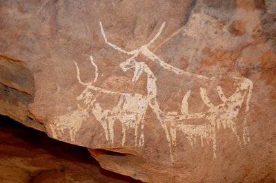 Art rupestre, Préhistoire : peinture rupestre de bovins aux grandes cornes dans un abri orné du massif de l