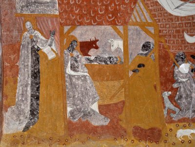 Art roman : Fresques de la chapelle funéraire Sainte-Catherine de Jouhet, Vienne, Poitou-Charentes, France. Nativité. Photographie - Unbekannter Künstler