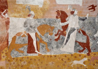 Art roman : Fresques de la chapelle funéraire Sainte-Catherine de Jouhet, Vienne, Poitou-Charentes, France. La rencontre des trois vivants et des trois morts - Unbekannter Künstler