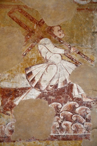 Art roman : Simon de Cyrène porte la croix du Christ. Vue de détail des fresques du chœur "La vie du Christ" (XIIIe siècle) de l