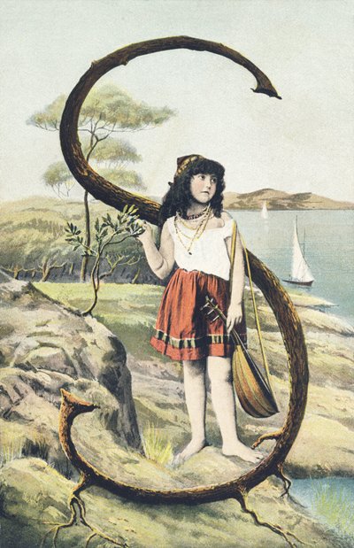 S : Une jeune fille en jupe courte et corsage sans manches tient une mandoline dans sa main gauche. Décor champêtre - Alphabet personnages Ref Th. E., L. Theochrom - Série 994. Theodor Eisman, éditeur, Leipzig - Unbekannt