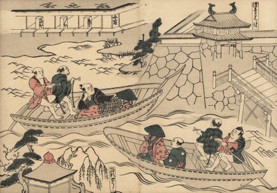 Samouraï traversant la rivière (à Akasaka Mitsuke) en bateau en route vers les quartiers de plaisir de Yoshiwara. Estampe sur bois par Masanobu Okumura (1686-1764) de "Fuzoku Emakimono, Rouleau Illustré du Commerce de l
