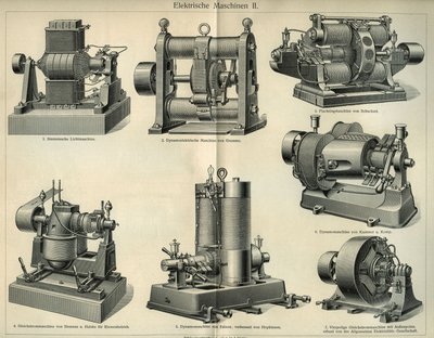 Tableau de science et technologie représentant des machines électriques allemandes. Illustration tirée de « Meyers Grosses Konversations - Lexikon » 1904. Bibliographisches Institut, Leipzig und Wien - Unbekannt