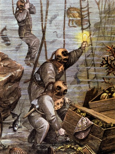 Plongeur découvrant un trésor sous-marin, début du 20e siècle - Unbekannter Künstler