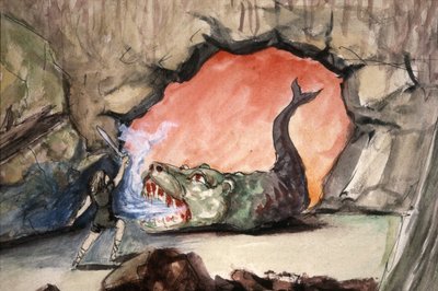 Siegfried tuant le dragon Fafner, fin du 19e siècle (illustration) - Unbekannter Künstler