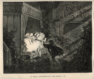 La Belle au bois dormant : le prince découvre la princesse endormie depuis cent ans. Gravure de Gustave Doré d