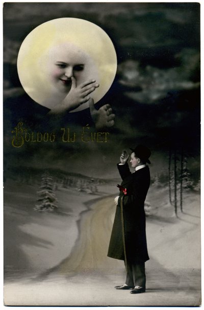Société. Vœux du Nouvel An. La lune et un promeneur. Carte postale, Hongrie, c.1920 - Unbekannter Künstler