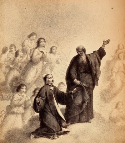 Saint Bernard, souriant, invite Dante à regarder en haut ; le poète est agenouillé, les bras ouverts, à côté du saint ; des esprits bienheureux les entourent. Illustration du Chant XXXIII du Paradis de La Divine Comédie de Dante Alighieri. Œuvre de Frances - Unbekannter Künstler