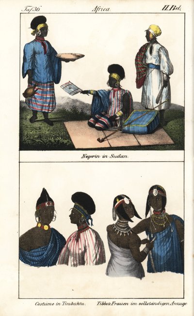 Femmes soudanaises en robe rayée. En dessous, des femmes de Tombouctou (Mali) et des femmes Tibbo du Sahara. Lithographie pour le livre : « Galerie complète en tableaux fidèles des peuples d