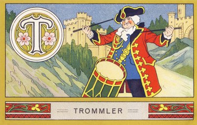 T : Trommler - Alphabet Palmin. Série de chromolithographies éditées par H. Schlinck & Cie, Hambourg, s. d. Publicité pour Palmin feinstes Cocosfett. Dimensions : 7 x 11 cm - William M. Timlin
