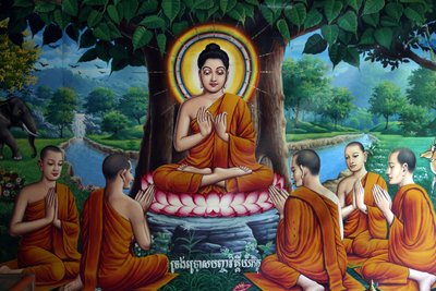 Fresque du temple représentant Bouddha avec des disciples. Cambodge - Unbekannt
