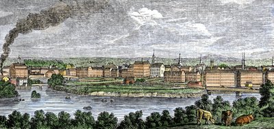 Usines textiles le long des rivières Merrimack et Concord, Lowell, Massachusetts, USA dans les années 1830. Gravure en couleur du XIXe siècle - Unbekannter Künstler