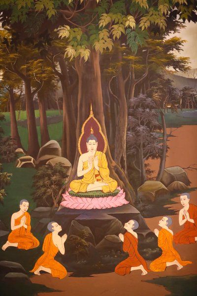 Le Bouddha prêcha son premier sermon aux cinq moines, Fresque murale, Temple Wat Botum, Phnom Penh, 2022 - Unbekannter Künstler