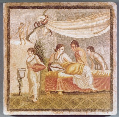 La mosaïque de Centocelle représentant une femme allongée assistée par des serviteurs, copie d