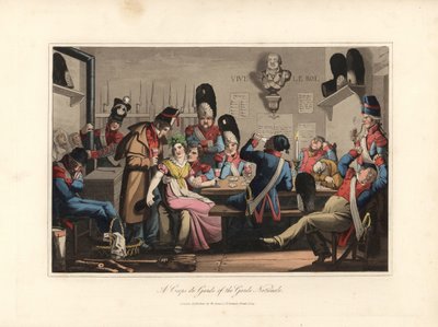 Les Gardes nationaux dans les Gardes, buvant avec la cantinière, marchand de liqueurs et jouant aux cartes, fumant la pipe, certains sont endormis - Eau-forte d