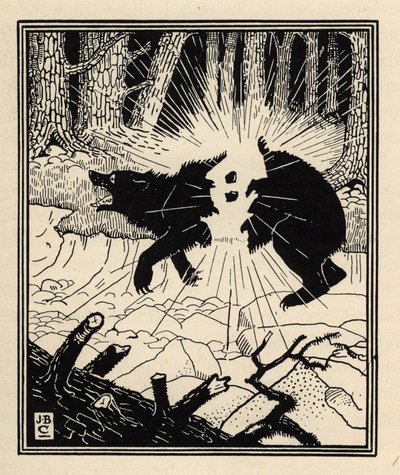 Le baron explose un ours noir avec deux silex. Illustration de William Strang et JB Clark de « Les Aventures du Baron de Münchhausen » par Rudolf Erich Raspe (1789) - Unbekannt