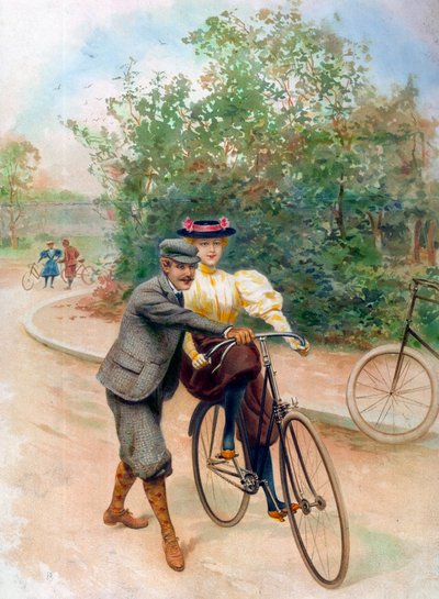 La leçon de bicyclette, début du 20e siècle (impression) - Unbekannter Künstler
