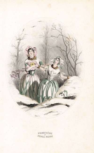 Les fées percent la neige et la primevère dans un paysage enneigé - Eau-forte par Charles Geoffroy (1819-1882), d