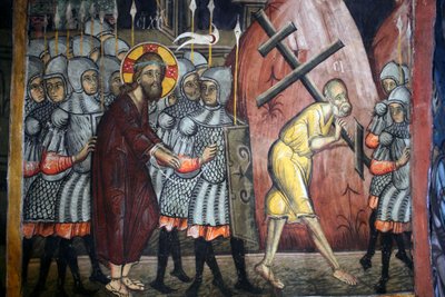 La passion du Christ, Simon porte la croix, fresque byzantine du monastère d