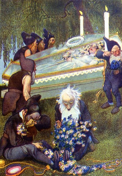 Les sept nains pleurant Blanche-Neige dans son cercueil, fin du XIXe siècle (illustration) - Unbekannter Künstler