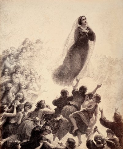 Les esprits des bienheureux, les bras tendus, accompagnent la réascension de Marie vers l