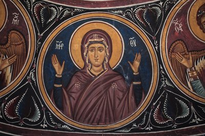 La Vierge Marie Médaillon autour du Christ et du Jugement Dernier Détail de la fresque byzantine de la voûte du narthex de l