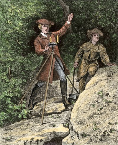 Le jeune George Washington (1732-1799) travaillant comme géomètre en Virginie. Gravure colorée du 19ème siècle - Unbekannter Künstler