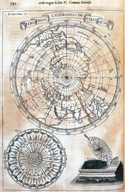 Temps, carte des fuseaux horaires du monde connu par le général Kircher - Unbekannter Künstler