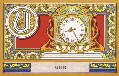 U : Uhr - Alphabet Palmin. Série de chromolithographies éditées par H. Schlinck & Cie, Hambourg, s. d. Publicité pour Palmin feinstes Cocosfett. Dimensions : 7 x 11 cm - Unbekannter Künstler