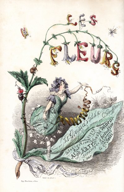 Une fée des fleurs assise sur une feuille et tenant un ruban (page de titre) - Eau-forte par Charles Geoffroy (1819-1882), d