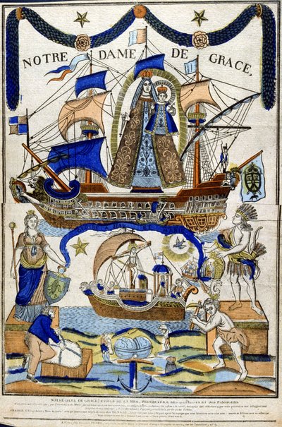 Vierge Marie en tant que Madone en gloire (Notre Dame de Grâce) comme protectrice des marins et des voyageurs. Colombe du Saint-Esprit survolant un navire dans la moitié inférieure. XIXe siècle - Unbekannter Künstler