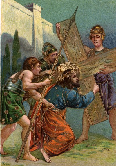 Chemin de Croix - via crucis - Stations du Chemin de Croix : troisième station, Jésus tombe pour la première fois sous le poids de sa croix (Jésus tombe la première fois) Chromolithographie Collection privée - William M. Timlin